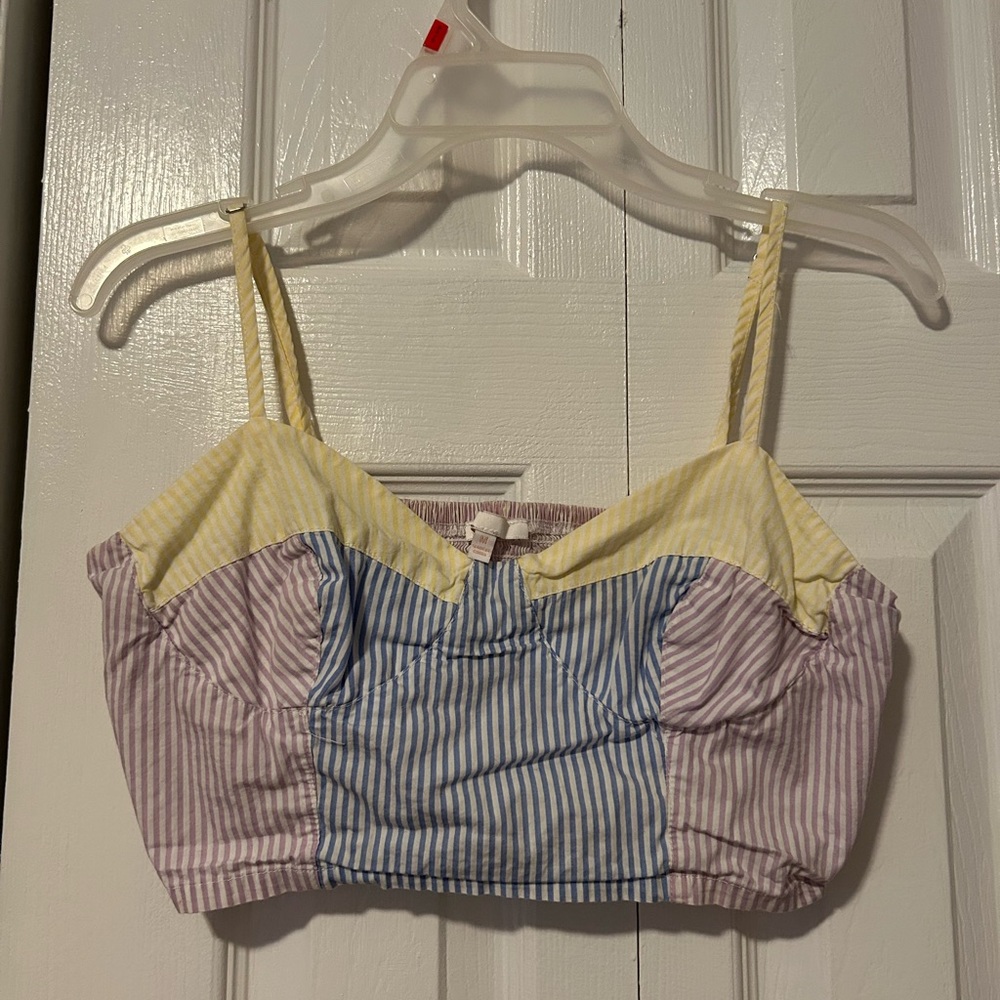 yellow, blue, purple striped bralette crop top